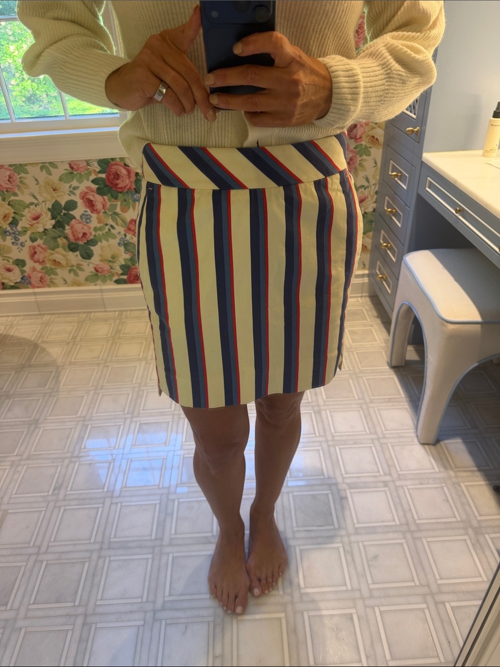Brooks Brothers preppy 80s vibe Striped Cream Mini Skirt with Navy & Red Accents